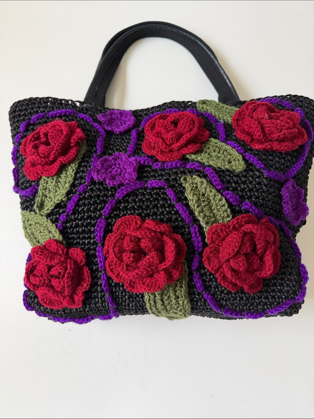 Black Crochet Tote with Red Rose Appliqués and Purple Accents